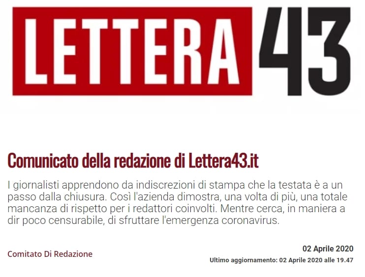  Dal 15 maggio verrà chiuso il progetto editoriale Lettera43